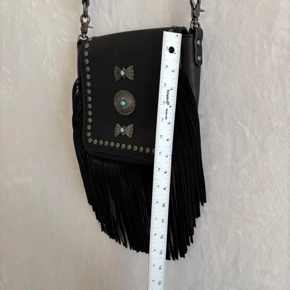 Montana West black leather Fringe Mariposa silver turquoise cross body bag purse - Picture 5 of 16